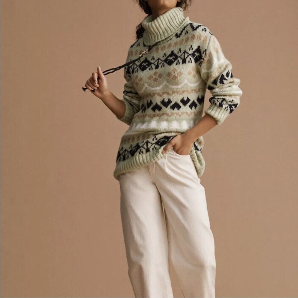 Anthropologie Turtleneck Tunic Sweater Green Fair Isle